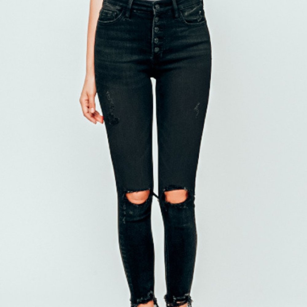 High Rise Button Fly Distressed Crop Skinny